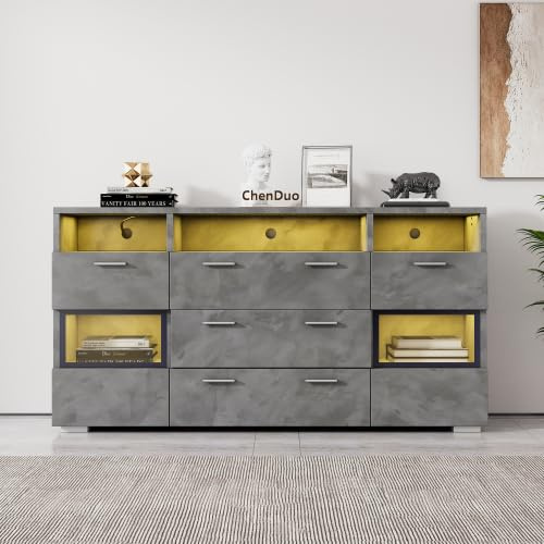 Merax Modernes Sideboard 140 cm, Grau mit LED-Beleuchtung und Acryltüren, 2 Türen, 3 Schubladen, Offener Stauraum, Wohnzimmer Sideboard, Aufbewahrungsschrank mit Kabelmanagement