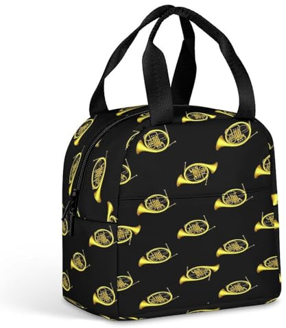 FOSKERV Lunch Bag for Adult, Insulated Leak Proof Lunch Box Organizer, Multi Functional Cute Meal Bags for Commuting, Travel, French Horns Golden Musical Instrument Black
