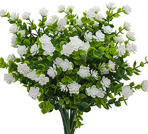 Grunyia Artificial Flowers, Fake Outdoor Uv Resistant Plants Faux Plastic Greenery Shrubs Indoor Outside Hanging Planter Home Kitchen Office Wedding, Garden Decor White