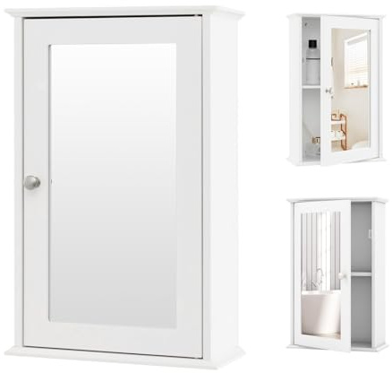 RELAX4LIFE Spiegelschrank Bad, Badschrank mit Verstellbarer Ablage, Badezimmerschrank hängend mit Spiegel, Badezimmer Spiegelschrank, Hängeschrank mit Tür, Wandschrank aus Holz, 34 x 15 x 53 cm, Weiß