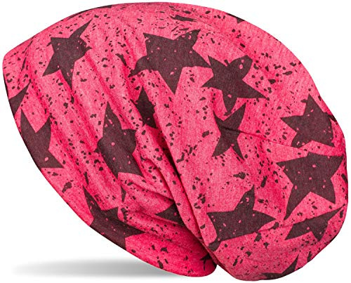 styleBREAKER Unisex Stoff Beanie Sterne Farbspritzer | Leichte Longbeanie, 29 cm Höhe, 26 cm Bundweite. Elastisches Gewebe, dehnbar für bis zu 59 cm Kopfumfang.