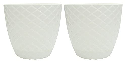 Juego de 2 macetas grandes con corte de diamante blanco para interiores y exteriores de 5,6 L