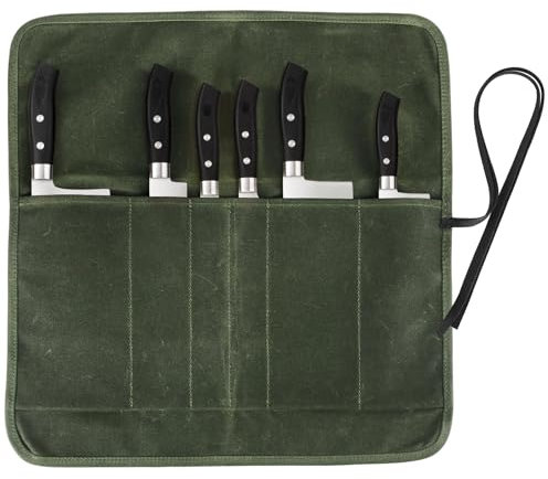 JOINDO Knife Roll Bag, Chef’s Knife Roll Bag, Heavy Duty Chef Knife Roll Bag with 6 Slots, Waxed Canvas Knife Bag Roll, Knife Pouch Holder for Home Kitchen Travel Camping (Green)