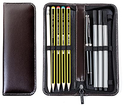 DELMON VARONE - Lehrer Schreibgeräteetui Cambridge Top Grain Leder Braun - Echtleder Stifte-Etui mit Reißverschluss für 10 Schreibgeräte - Federtasche groß für Kugelschreiber, Bleistift & Füller