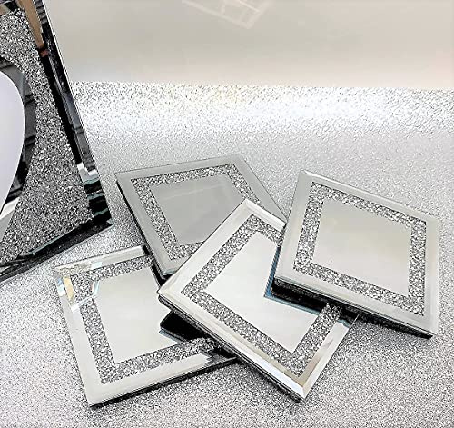 10x10cm Square Shape Sparkle Diamante Crushed Jewel Glass Glitter Coasters Set of 4 (Crushed Jewel Border)
