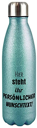 Edelstahl-Trinkflasche selbst gestalten - individuell mit Text - Thermosflasche Glitzer, Wasserflasche BPA-frei, Reise, Camping, Glitter I Personalisiertes Geschenk, Türkis 500 ml