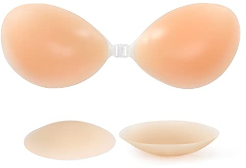 RELIRELIA Women's Sticky Self Adhesive Invisible Strapless Reusable Silicone Push Up Backless Bra, Nude, 30-36A
