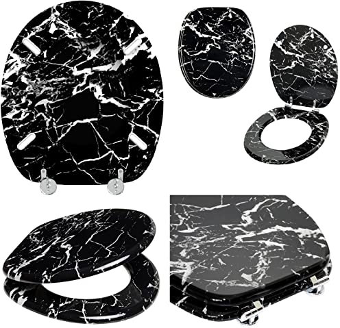 Anti-Bacterial Coating Black Marble Effect Toilet Seat Loo Seats No Rust Stainless Steel Hinges UK
