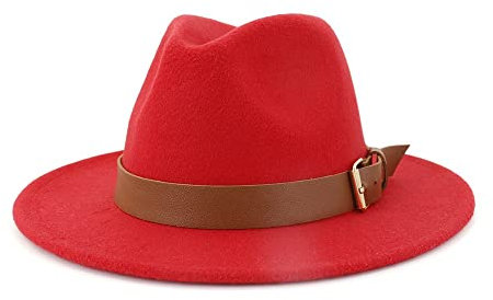 HOTIPS 2022 Mann-Frauen-Art- und Weisebreitkrempe-Fedora-Hut-Formale Partei-Filz-Hut-Jazz-Art-Wolle + Polyester-Gürtelschnalle-Panama-Hut (Farbe : rot, Größe : 59-60cm)