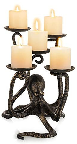 Sziqiqi Portacandele Octopus per 5 Candele Colonna, Candelieri in Ghisa Candelabro Gotico Figurina Decorativa Candelabri Centrotavola per Halloween Camino Bagno Decorazione