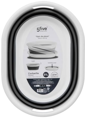 5five - Corbeille à Linge Pliable 21L - 2 Poignées - Panier à Linge Rétractable - Grande Capacité - Gris et Blanc