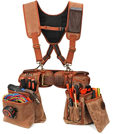 Heavy Duty Canvas Carpenter Tool Belt with Suspenders & 12 Pockets, Detachable Tool Pouch Set for Framers Construction Electricians, Padded Rig, Brown, Fits 39-46 Waist