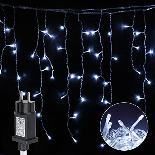 Sonnewelt Eisregen Lichtervorhang Außen Innen mit 8 Modi Eiszapfen Weihnachten Lichterkette Wasserdicht Kaltweiß 15m, 600LED Party Lichterkette Outdoor Strom Lichtervorhang Eiszapfen