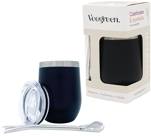 Veegreen Set Yerba Mate in Acciaio Inossidabile | Tazza Per Bere Yerba Mate Argentino | Include una Bombilla e un coperchio richiudibile | Set Autentico (Legna) (Nero)