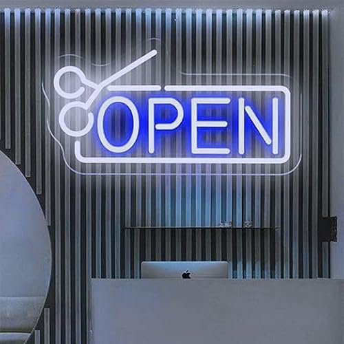 SHANJIA Letrero de neón luminoso con tijeras y logotipo luminoso colgado en la pared, tienda de regalos de peluquería comercial USB para la decoración de peluquerías (40 * 28,87 cm, Azul)