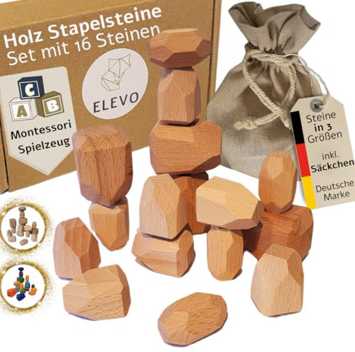 ELEVO Stapelsteine Holz (Natur) 16 Stück – Montessori Balance Steine Kinder ab 3 Jahren – Motorikspielzeug & pädagogisches Lernspielzeug – inkl. Baumwollsäckchen, Holzbausteine, farblos