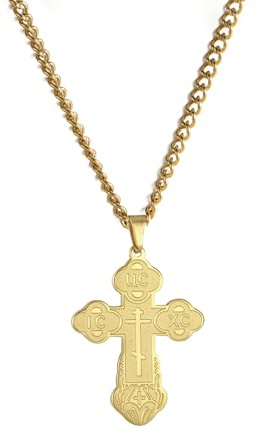 EUEAVAN Orthodoxes Kreuz Anhänger Halskette Edelstahl Klassisches Kreuz Anhänger Halskette Russisch-Orthodoxer Amulett-Schmuck Religiöse Halskette