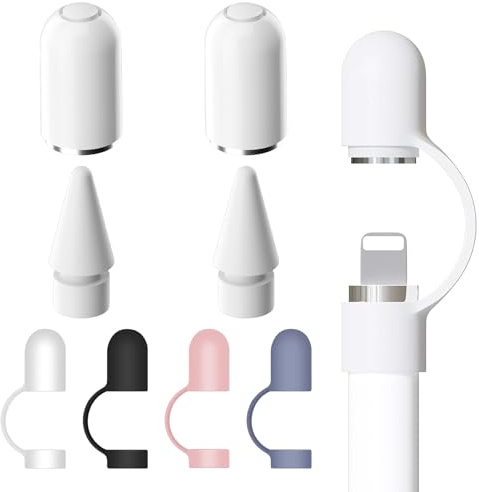 HANIUTTY 8 tapas para Apple Pencil Tapa (2 unidades de tapa blanca y punta, 4 fundas protectoras), tapa de Apple Pencil 1ª generación, antipérdida de silicona para Apple Pencil Cap