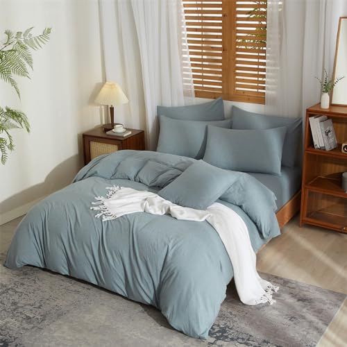 YASMENG Halbleinen Bettwäsche 155x220 Blau Leinen und Baumwolle Bettwäsche Weich Atmungsaktiv Kuschelig Modern Leinen Bettbezug Set 3 Teilig mit Reißverschluss und 2 Kissenbezüge 80x80 cm