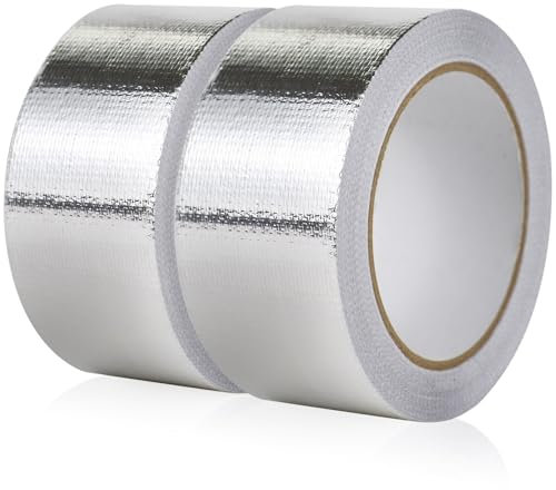 BOMEI PACK 2 Rolls Reinforced Aluminum Foil Tape Glassfiber Aluminum Tape 50mm x 20m High Temperature Foil Tape for HVAC Ducts Sealing Fixing Repairing Jointing