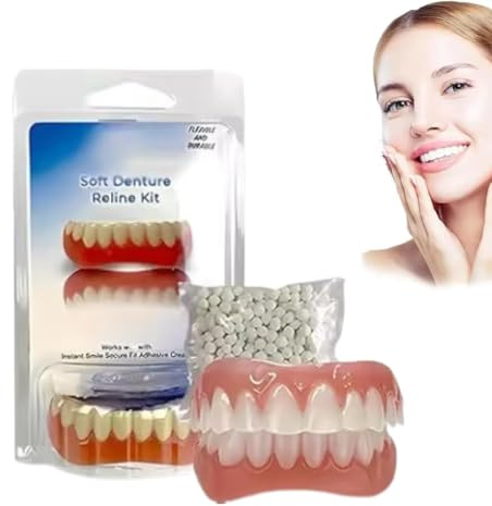 Zahnersatz-Set aus Silikon, falsche Zähne, falsche Zähne, weiches Zahnersatz-Set, weiche Zahnprothesen-Reline-Kit, weiche Zahnprothesen-Reliner-Kit für obere und untere Zahnprothese (1 Set)