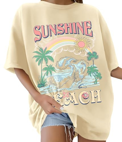 Lonya T-Shirt Oversize à col Rond pour Femme Tee Shirt à Manches Courtes Grande Taille Femme Sunshine Lettres Créatives Arc-en-Ciel Haut D'été Décontracté Coton Loose Streetwear Top, Jaune Clair, L