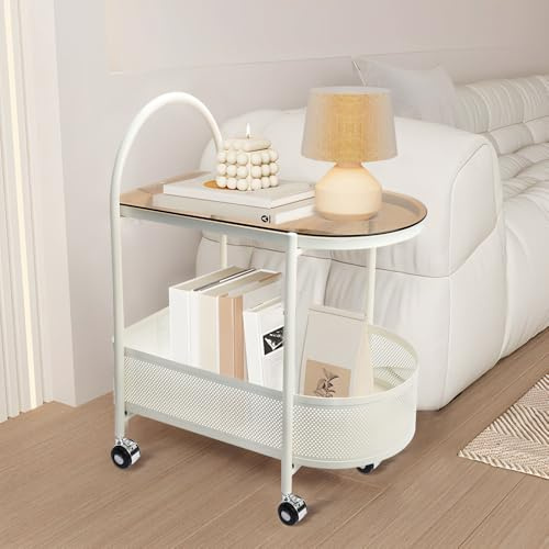 SEBORIO 2 Tier Rolling Side Table, Metal Coffee Sofa Side End Table,Handle Utility Cart, Bed Side Table with Wheels Night Stand, Serving Cart,Drink Cart, for Living Room, Bedroom, Bathroom,White