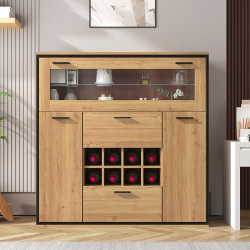 Aparador, elegante armario para vino con puertas dobles, estante de cristal y soporte para vino: almacenamiento perfecto en un elegante aparador.