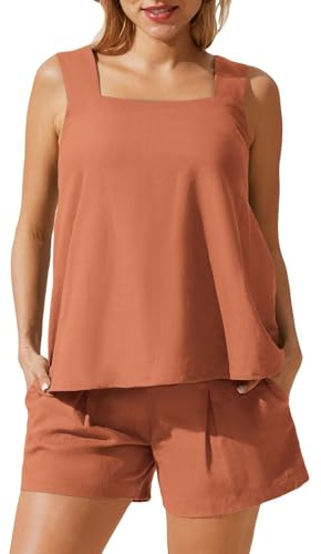 Maacie Conjunto de 2 piezas de pantalones cortos de lino de verano para maternidad, camiseta sin mangas, pantalones cortos de pierna ancha con bolsillos