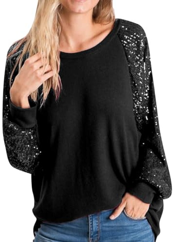 Top con paillettes da donna a maniche lunghe girocollo tinta unita glitter party t-shirt moda felpa casual comoda camicetta festival discoteca moda donna scintillante top taglie forti, Nero , 3XL