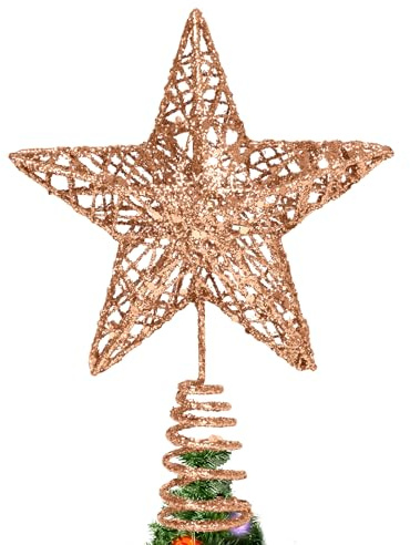 GXFCING Julgransspets, trädspets, stjärna, glitter, 3D, metallisk julgransspet, gran, spets, stjärna för julgran, julgransprydnad, 20 x 15 cm (champagne, M)