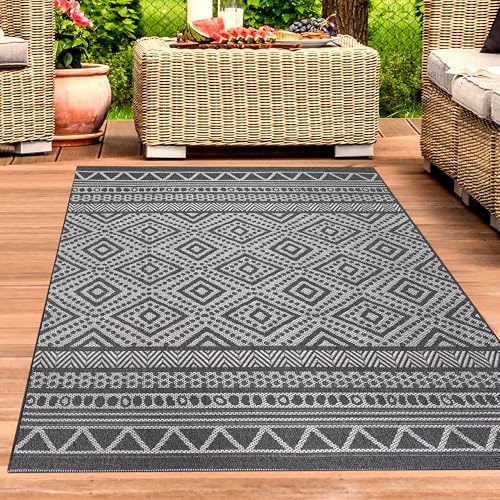 CARPETIA In- & Outdoor Teppich Ethno-Muster Anthrazit Creme 120x160 cm | Pflegeleicht, UV-beständig, wetterfest, formstabil und schmutzabweisend, für Fußbodenheizung, Balkon & Terrasse