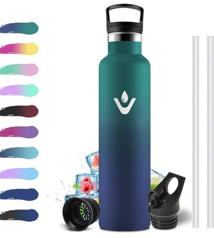 Thermosflasche 1L, Auslaufsicher Trinkflasche BPA-Frei, Isolierflasche mit Strohhalm, Einhandöffnung, Metall Wasserflasche Doppelwandig Isoliert, Wasserflasche für Fitness, Laufen, Büro, Schule