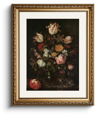 HUARCEY Cuadros de lienzo con marco dorado, pequeños cuadros de pared vintage, flores barrocas bodegones, decoración de pared, salón, dormitorio, baño, cocina, decoración de granja, estética, 33 x 40