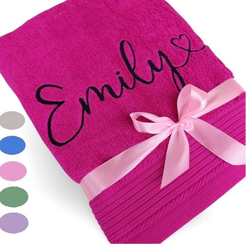 Wuff-Dogsworld Personalisiertes Handtuch mit Namen & Herz Bestickt, für Kinder & Erwachsene, 100% Baumwolle, Geschenk zum Geburtstag, Einschulung, Taufe (rosa, 70x140)