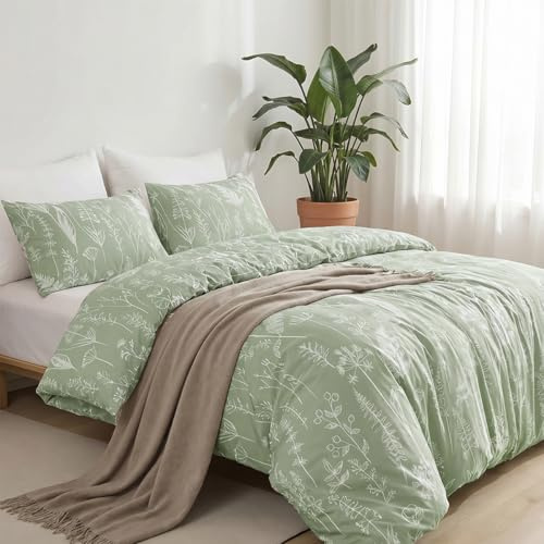 Soifox Bettwäsche 135x200 Grün Bettgarnitur - Pflanzen Blumen Muster Bettwäsche Sets Microfaser Bettbezug 135 x 200cm mit Kissenbezug Bügelfrei & Knitterfrei Modern Deckenbezug mit Reißverschluss