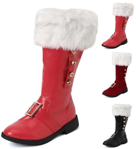 Stivali da Babbo Natale da donna, larghi, stivali da combattimento con polsini in peluche bianchi, cinturino con fibbia, per Halloween e Natale, 1 rosso, 39.5 EU