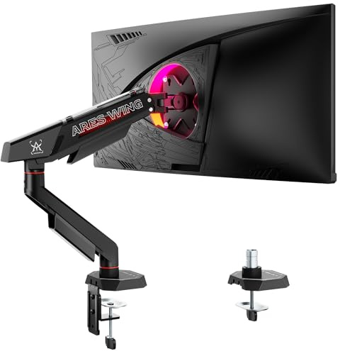 ARES WING Monitor Halterung für 17-40 Zoll, 12 kg/Arm,Schwarz | Einzel Monitorarm für Flach&Curved Bildschirm, höhenverstellbare Tischhalterung mit Kabelführung, ergonomisch,VESA 75/100 mm