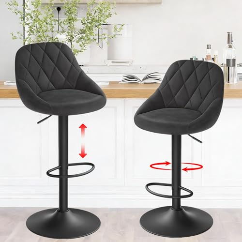JMGJOY 2X Taburetes de Bar Giratorios 360° en Terciopelo con Respaldo y Reposapiés, Altura Regulable, Negro
