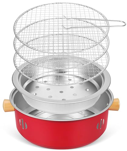 Ciieeo Parrilla Portátil de Carbón de Hierro para Barbacoa al Aire Libre Mini Estufa de Sobremesa Roja 3 Rejillas Desmontables Adecuado para Camping Picnic y Jardín