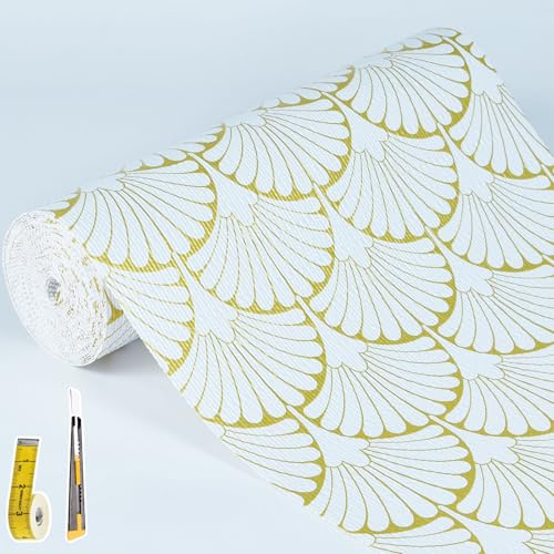 Shelf Liners Non Adhesive Gold Background White Fan-Shaped Pattern - Thickened Non-Slip Easy to Clean Drawer Liner for Kitchen Cabinets, Tool Box,Refrigerator,with Knife & Tape Measure,17in x 30FT.