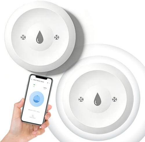 Vattenlarm WLAN vattensensor, 2 stycken smarta vattendetektorer, trådlös vattensensor, vattenvakt, smart vattenlarmdetektor, larm och appmeddelande, för kök, badrum och källare