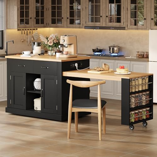 Kebnor Mobiler Kücheninsel, Küchenwagen mit ausziehbarem Esstisch, einziehbarem Bartisch, 7 Rädern, Aufbewahrungshregalen, verstellbaren Regalen, 132 (235) x 60 x 93 cm (Schwarz)