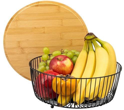 eluno Corbeille à fruits, corbeille à pain avec couvercle en bambou (également utilisable comme planche à découper) Corbeille à fruits idéale pour le stockage clair des fruits, des légumes, du pain et