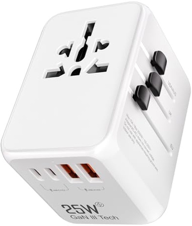 Adaptador Enchufe Universal para Viajes 25W GAN, 5 en 1 Universal Travel Adapter con 2 USB C y 2 USB A, Adaptador de Viaje Internacional para UK, EU, Australia, Reino Unido, Japón
