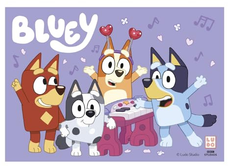dekora – Decorazione per Torta di Compleanno Bluey, Foglio Rettangolare in Carta Alimentare Commestibile 21 x 14,8 cm, Design Bingo e Bluey, Senza Glutine, Senza Lattosio, Adatto ai Vegetariani