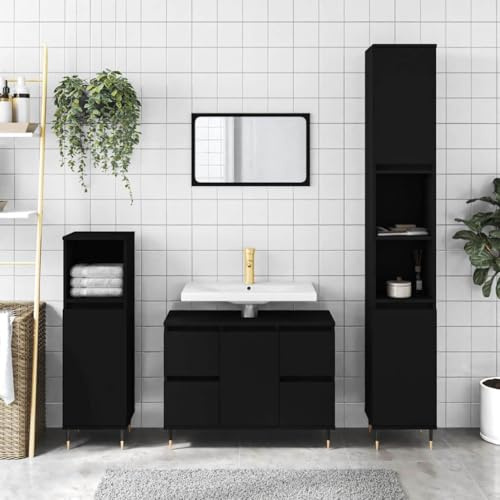 Bendmaxx Badskåp svart 80 x 33 x 60 cm av trämaterial med järnfötter, 1 dörrfack och 4 lådor för mer lagringsutrymme i badrummet