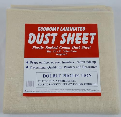 5 x Laminated Cotton Dust Sheets with Plastic Polythene Backing 12ft x 9ft | Reusable Drop Cloths for Painting & Decorating | Protective Paint Sheets for Furniture