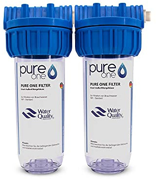 PureOne Doppel Filtergehäuse - Leergehäuse 10 Zoll mit 1, 3/4 oder 1/2 IG Anschluß. Brunnenwasser, Zisterne, Hauswasserwerk. Inkl. Doppelnippel und Teflonband zum Anschluss weiterer Filterstufen