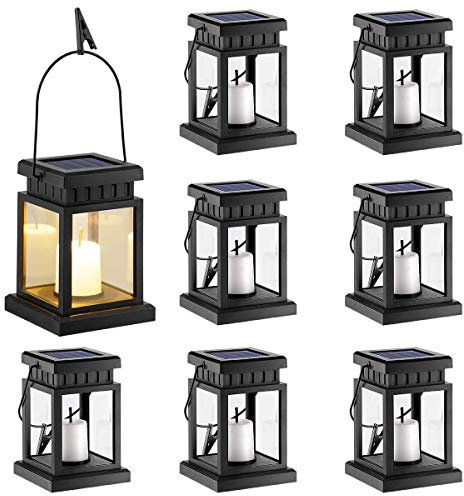 GIGALUMI Solar Hanging Lantern Outdoor, 8 Pack Solar Candle Lights with Stake for Garden,Patio , Lawn, Deck , Umbrella, Tent, Tree,Yard,Driveway(Warm White).